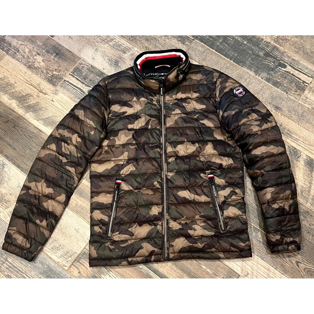 TOMMY HILFIGER Camo Lightweight Puffer Jacket Hooded S‎ Green Brown